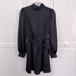 NWT Who What Wear Long Billow Sleeve Waist Tie Button Neck Dress Anthracite XS